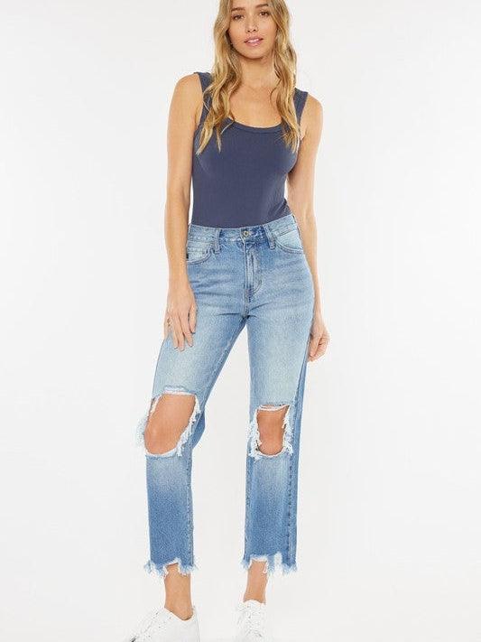 Kancan USA Chew-Up The Competition Distressed High-Rise Mom Jeans-Women's Clothing-Shop Z & Joxa