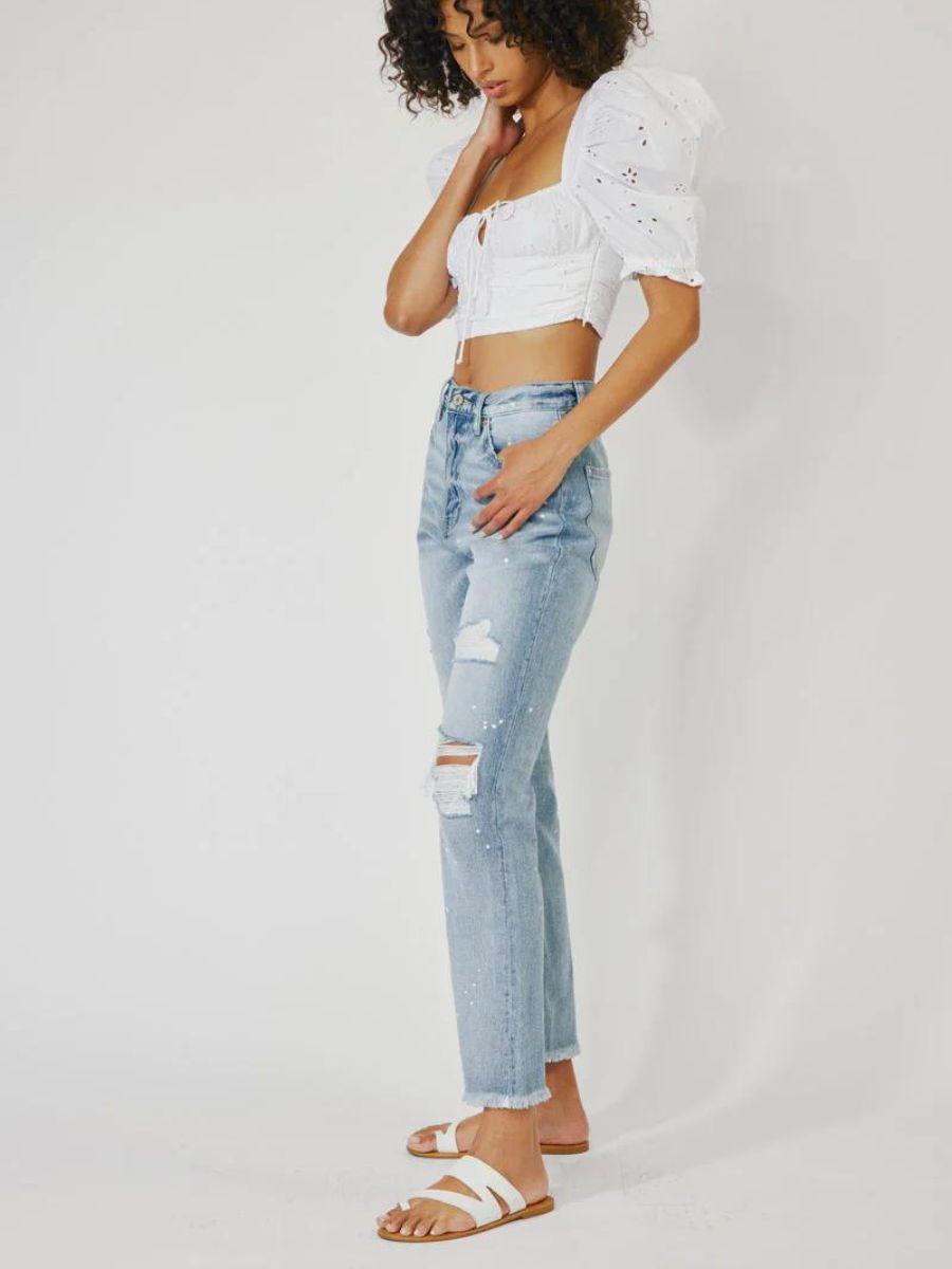 Kancan USA Splatter Matters High-Rise Straight-Cut Distressed Jeans-Women's Clothing-Shop Z & Joxa