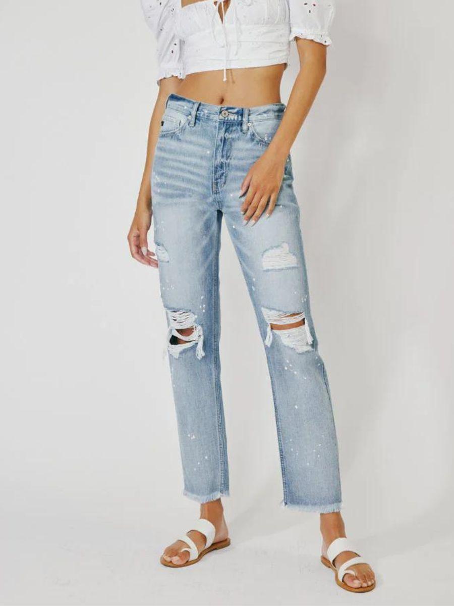 Kancan USA Splatter Matters High-Rise Straight-Cut Distressed Jeans-Women's Clothing-Shop Z & Joxa