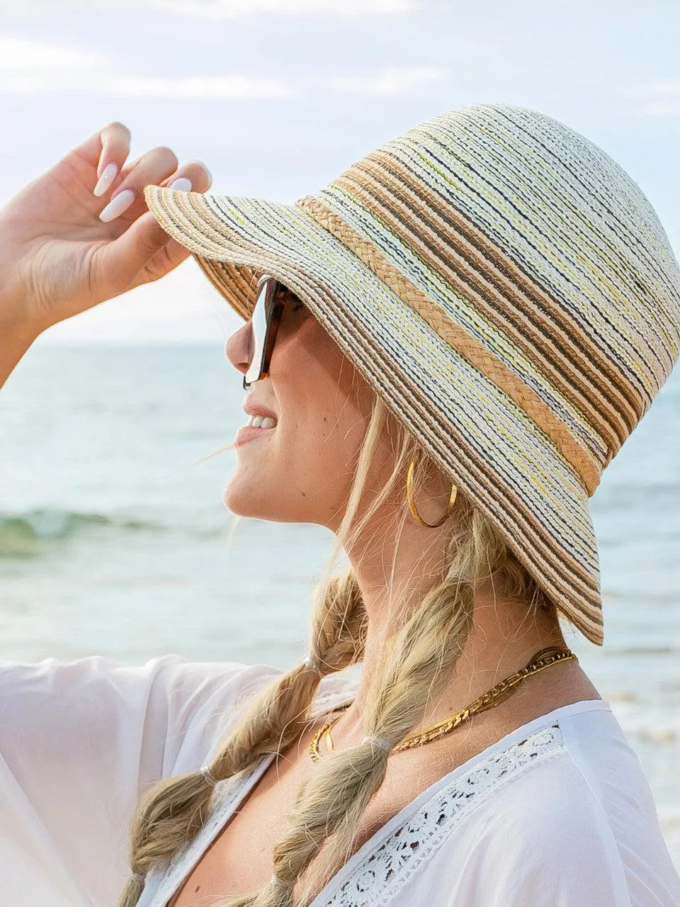 Sun Kissed & Striped Multi-Stripe Bow Accent Sunhat-Straw Sunhat-Shop Z & Joxa