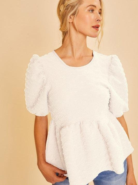 Lace Textured Princess Line Top in White-Shirts & Tops-Shop Z & Joxa