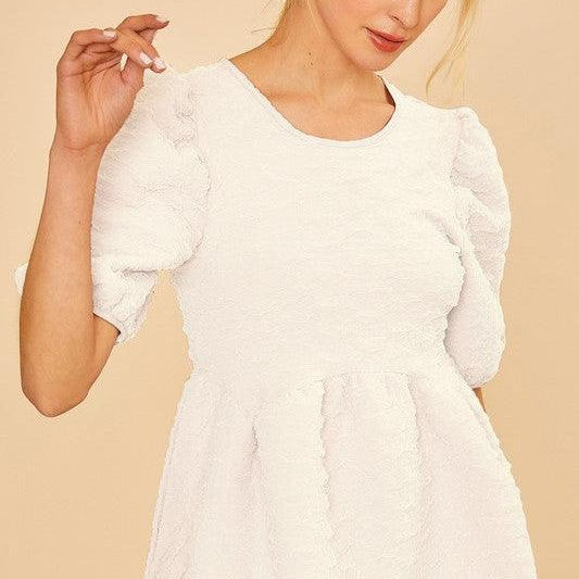 Lace Textured Princess Line Top in White-Shirts & Tops-Shop Z & Joxa