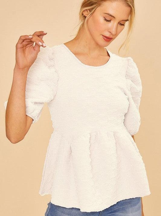 Lace Textured Princess Line Top in White-Women's Shirts & Tops-Shop Z & Joxa