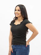 Lace to Love Square Neck Tee with Lace Trim, Black-Ladies Tops-Shop Z & Joxa