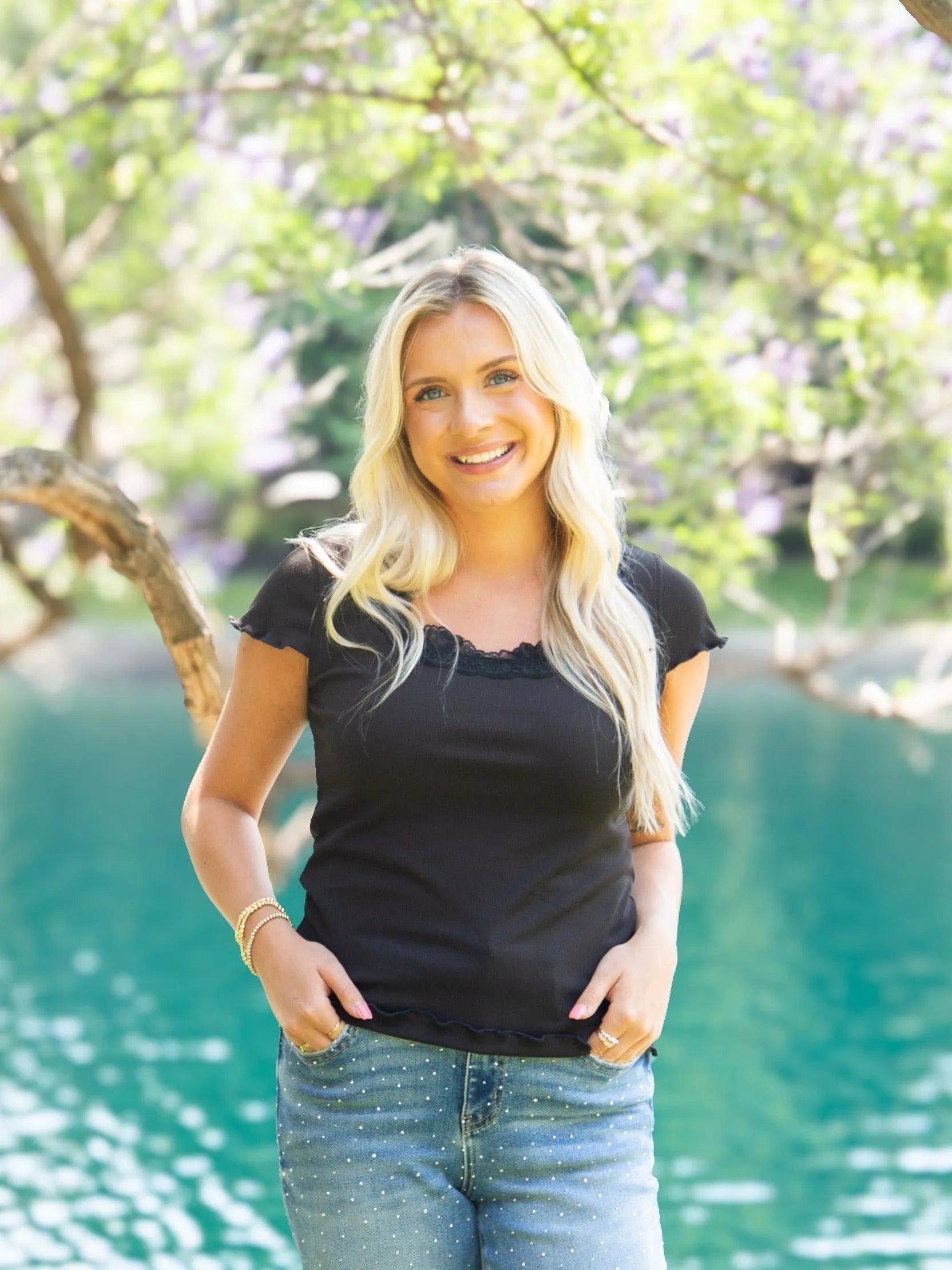 Lace to Love Square Neck Tee with Lace Trim, Black-Ladies Tops-Shop Z & Joxa