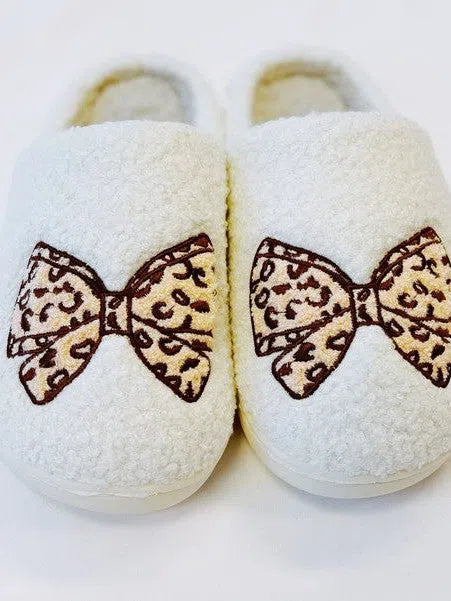 Leopard Bow Cozy Fuzzy Lounge Slippers-Women's Accessories-Shop Z & Joxa