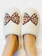 Leopard Bow Cozy Fuzzy Lounge Slippers-Women's Accessories-Shop Z & Joxa