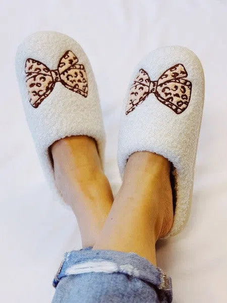 Leopard Bow Cozy Fuzzy Lounge Slippers-Women's Accessories-Shop Z & Joxa