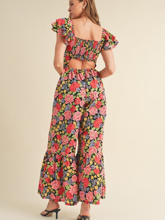 Let Your Confidence Shine Black Floral Flare Bottom Jumpsuit-Women's Clothing-Shop Z & Joxa