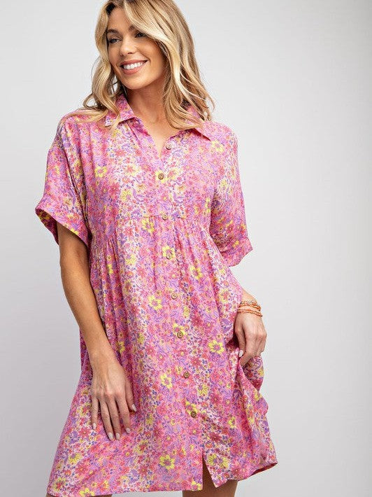 Let Your Dreams Blossom Floral Print Wood Button Shirt Dress-Women's Clothing-Shop Z & Joxa