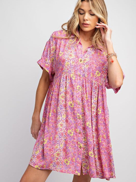Let Your Dreams Blossom Floral Print Wood Button Shirt Dress-Women's Clothing-Shop Z & Joxa