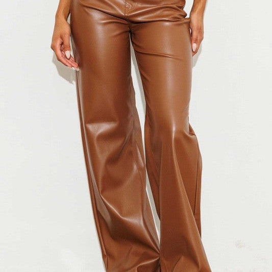 Life is a Party Vegan Leather Wide Leg Pants in Cognac-Women's Clothing-Shop Z & Joxa