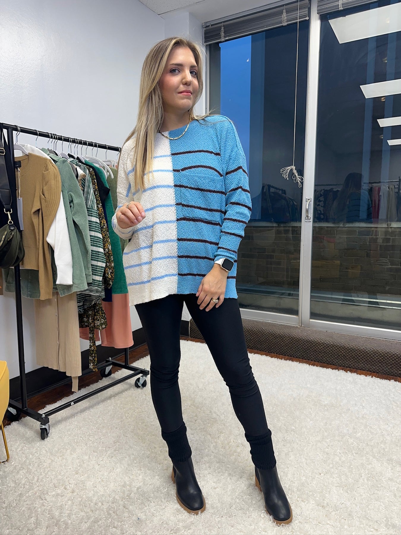 Life's Better in Blue Two-Tone Striped Knit Lightweight Sweater-Women's Clothing-Shop Z & Joxa