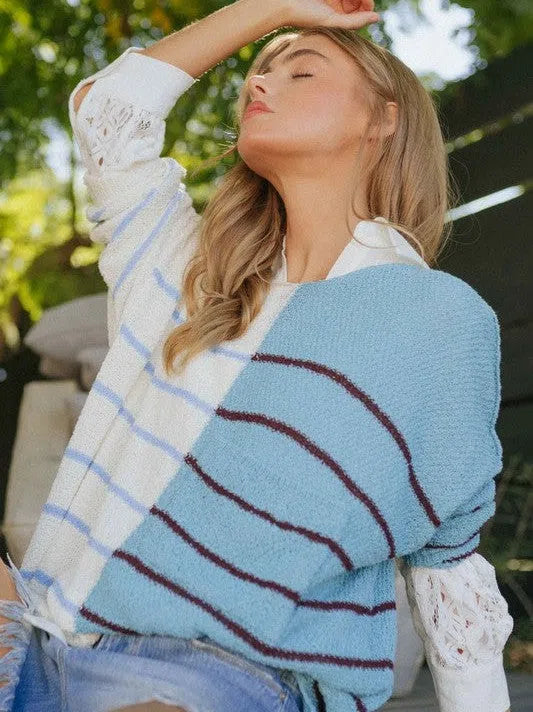 Life's Better in Blue Two-Tone Striped Knit Lightweight Sweater-Women's Clothing-Shop Z & Joxa