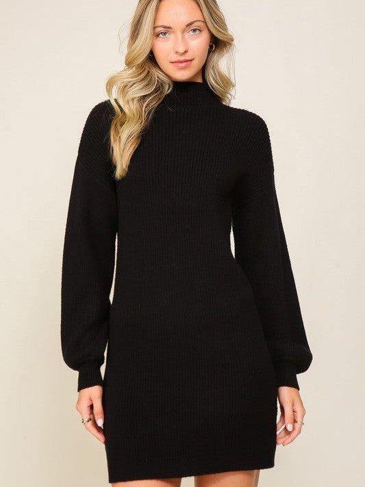 Little Black Sweater Dress Ribbed Sweater Dress with Balloon Sleeves-Women's Clothing-Shop Z & Joxa