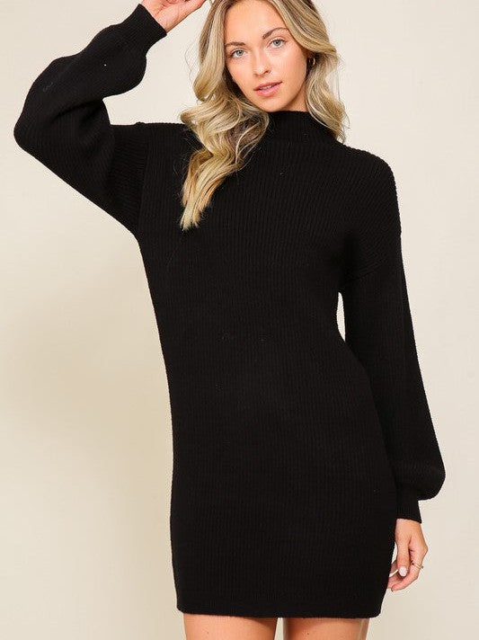 Little Black Sweater Dress Ribbed Sweater Dress with Balloon Sleeves-Women's Clothing-Shop Z & Joxa