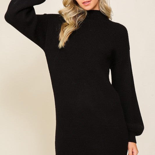 Little Black Sweater Dress Ribbed Sweater Dress with Balloon Sleeves-Women's Clothing-Shop Z & Joxa