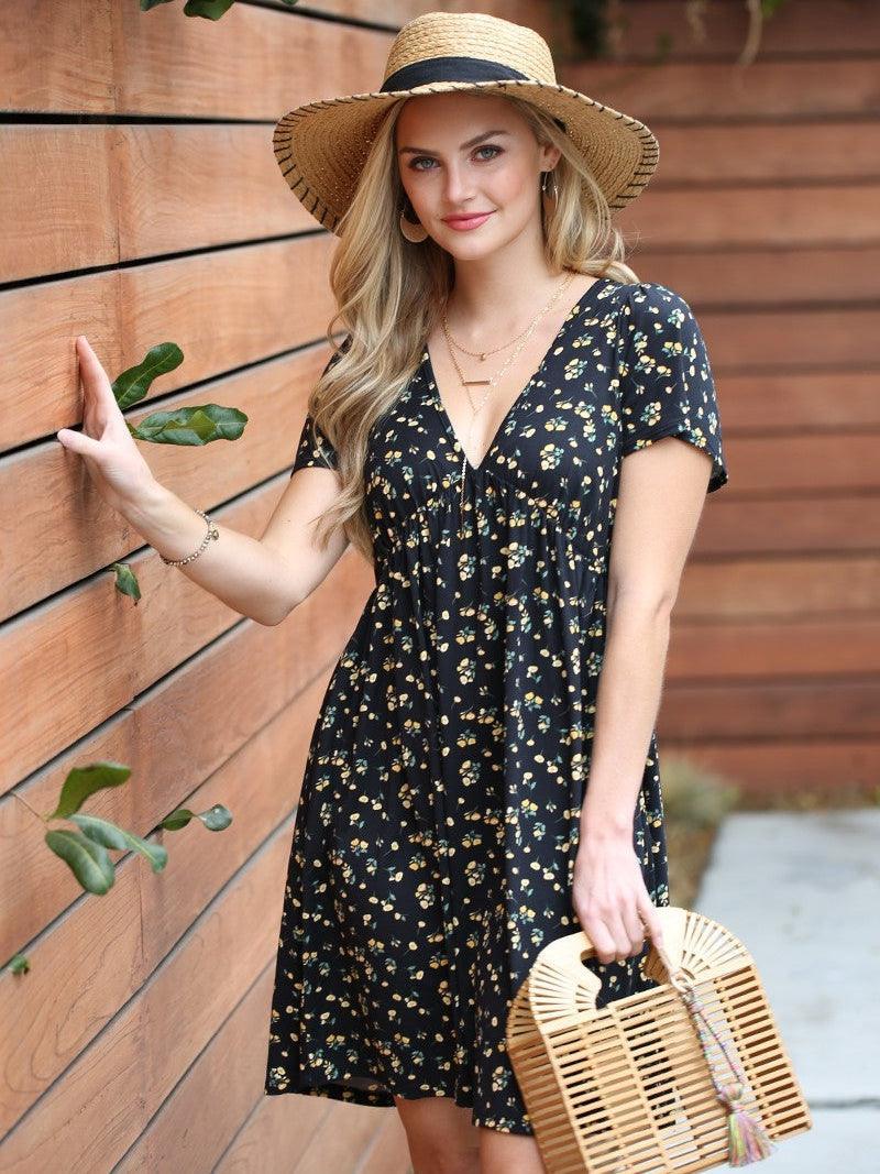 Little Black Yellow Flower Summer Dress-Women's Clothing-Shop Z & Joxa