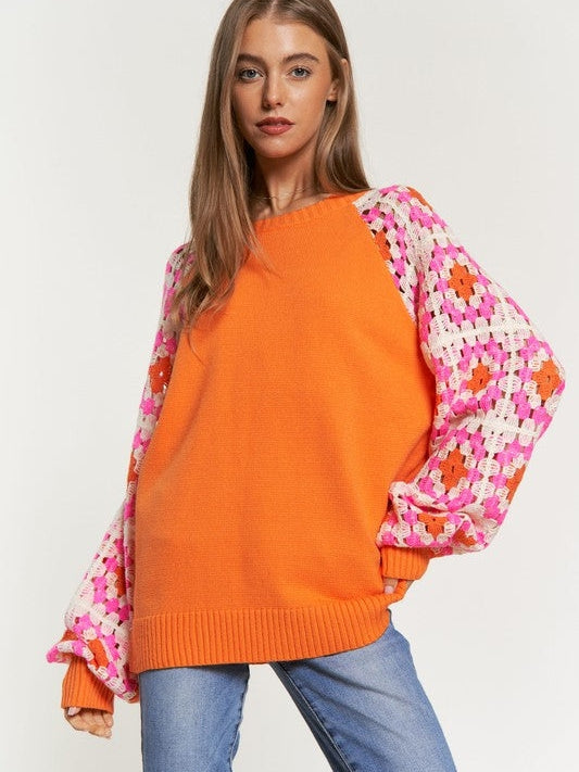 Live in Color Crochet Sleeve Sweater-Women's Clothing-Shop Z & Joxa
