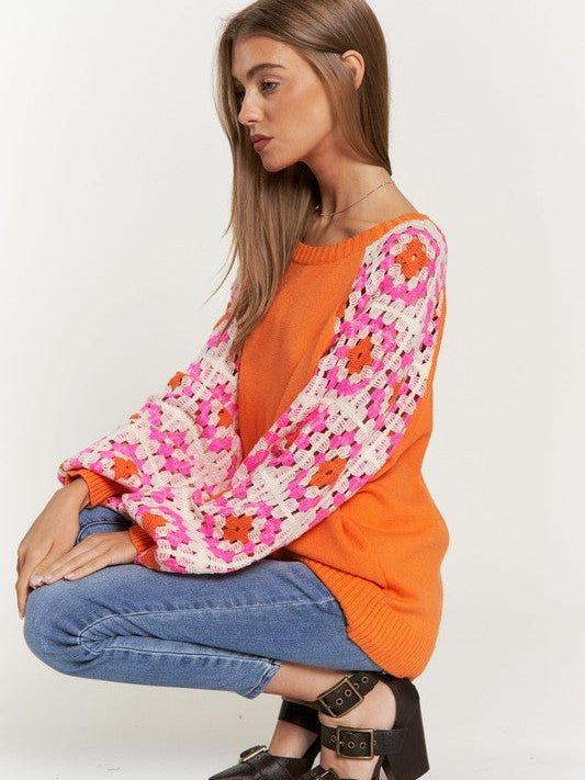 Live in Color Crochet Sleeve Sweater-Women's Clothing-Shop Z & Joxa