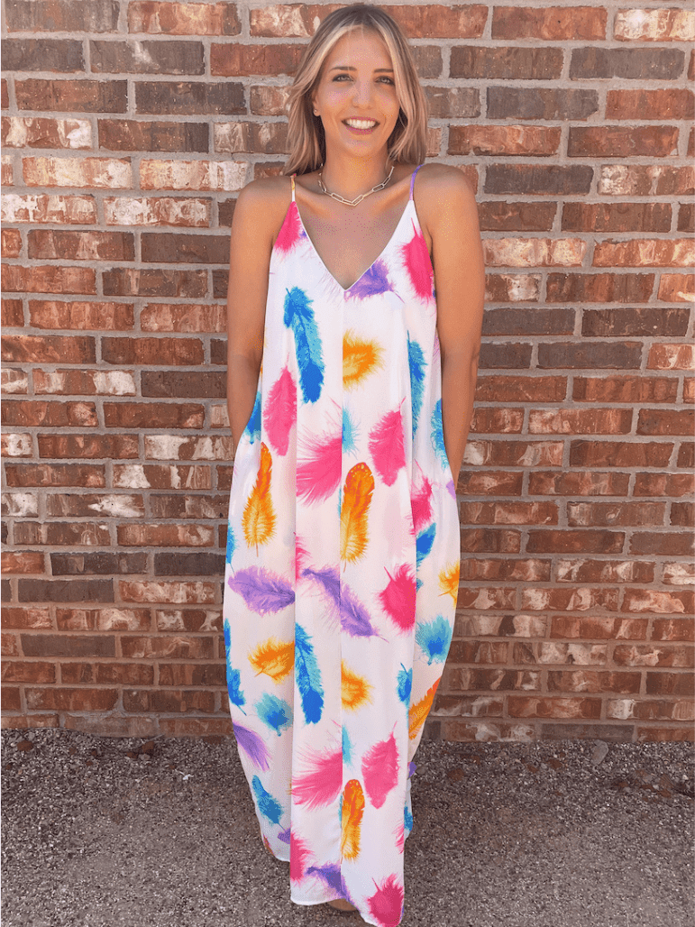 Live in Color Feather Print Maxi Dress with Pockets-Women's Clothing-Shop Z & Joxa