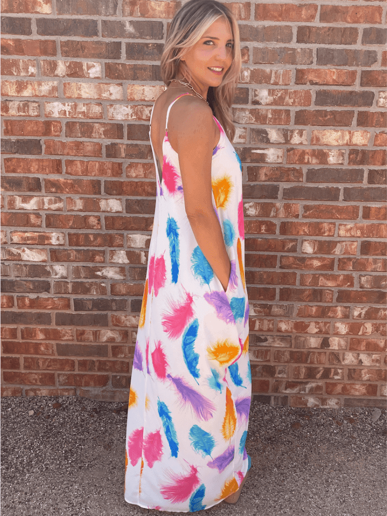 Live in Color Feather Print Maxi Dress with Pockets-Women's Dresses-Shop Z & Joxa