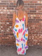 Live in Color Feather Print Maxi Dress with Pockets-Women's Dresses-Shop Z & Joxa