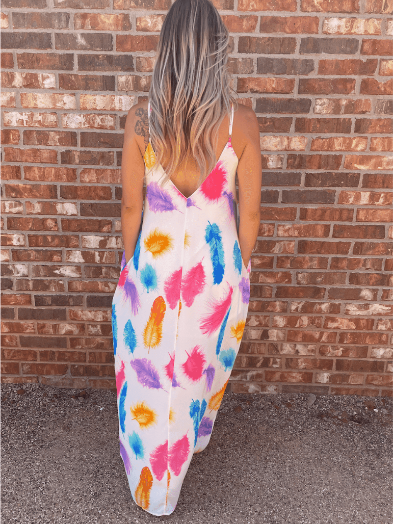 Live in Color Feather Print Maxi Dress with Pockets-Women's Dresses-Shop Z & Joxa