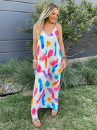 Live in Color Feather Print Maxi Dress with Pockets-Women's Dresses-Shop Z & Joxa