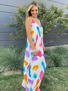 Live in Color Feather Print Maxi Dress with Pockets-Women's Dresses-Shop Z & Joxa