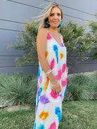 Live in Color Feather Print Maxi Dress with Pockets-Women's Dresses-Shop Z & Joxa