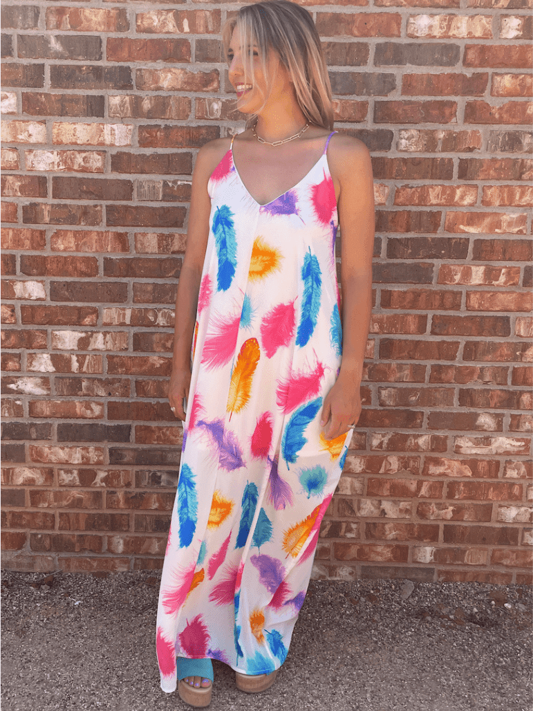 Live in Color Feather Print Maxi Dress with Pockets-Women's Dresses-Shop Z & Joxa