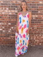 Live in Color Feather Print Maxi Dress with Pockets-Women's Dresses-Shop Z & Joxa