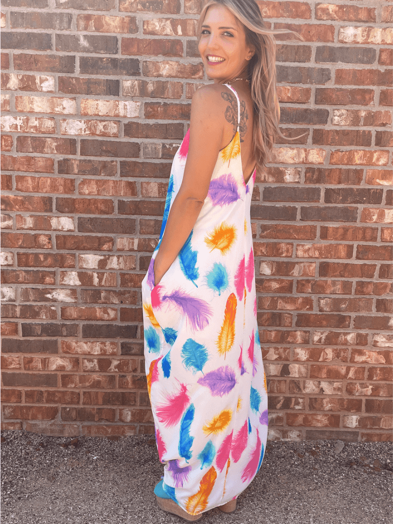 Live in Color Feather Print Maxi Dress with Pockets-Women's Dresses-Shop Z & Joxa