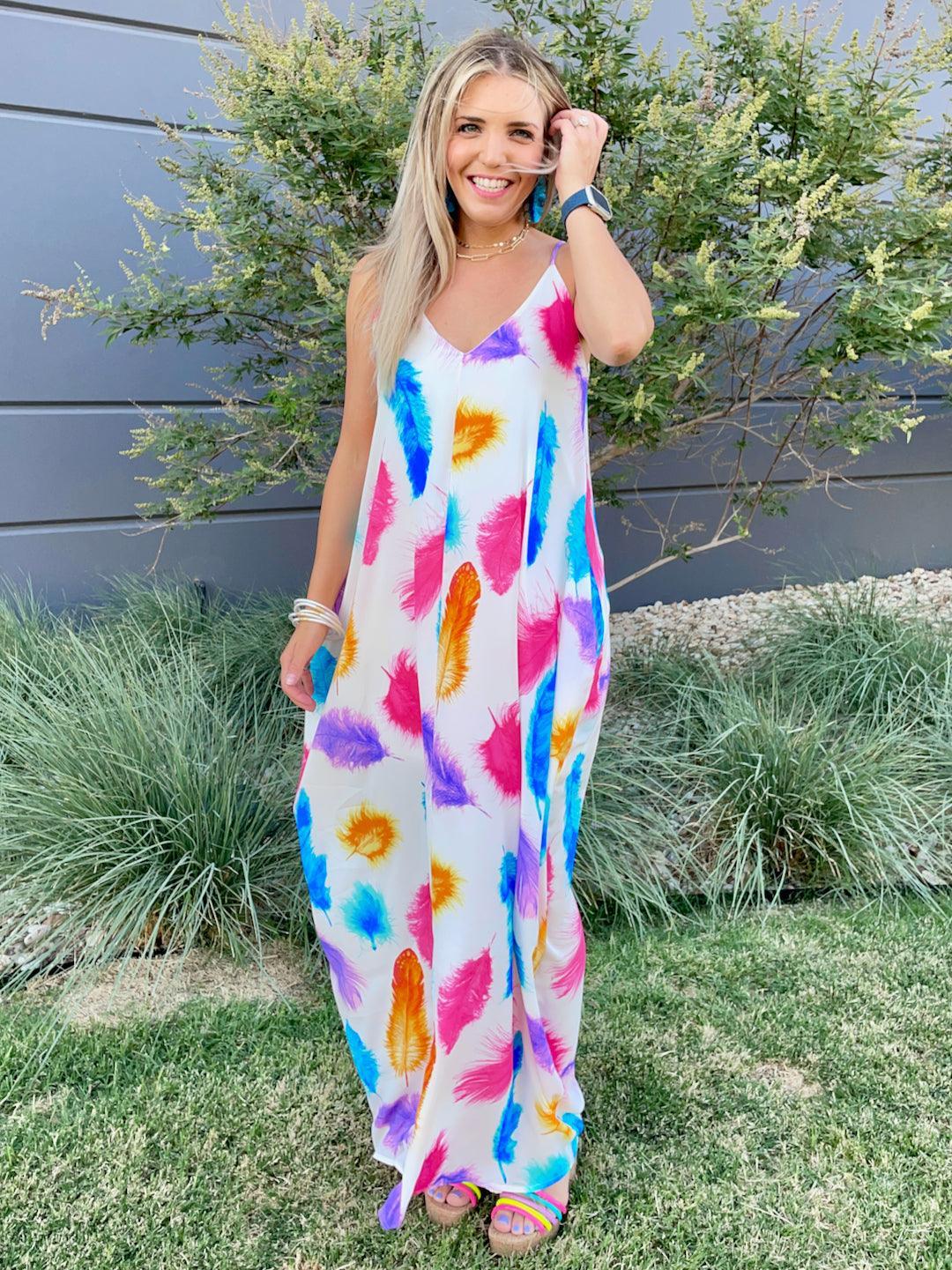 Live in Color Feather Print Maxi Dress with Pockets-Women's Dresses-Shop Z & Joxa