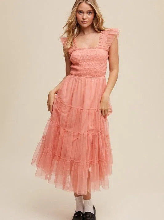 Living my Own Fairytale Smocked Mesh Ruffle Tiered Maxi Dress-Women's Clothing-Shop Z & Joxa