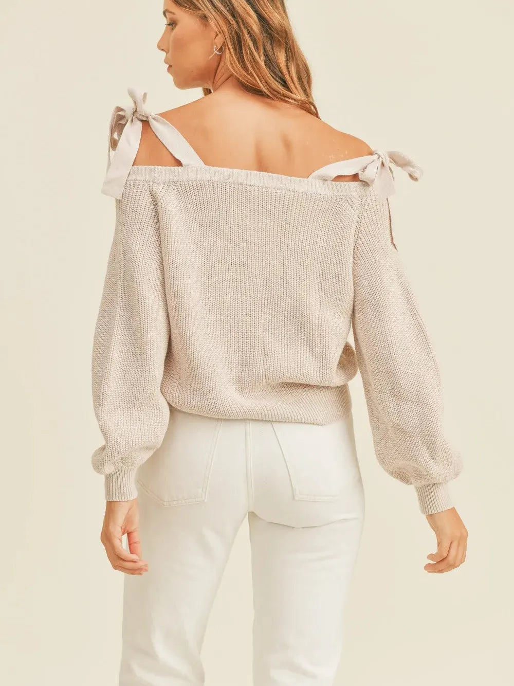 Mable Dusty Beige Off Shoulder Tie Strap Button Up Sweater-Women's Shirts & Tops-Shop Z & Joxa