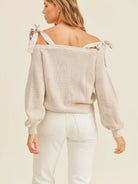 Mable Dusty Beige Off Shoulder Tie Strap Button Up Sweater-Women's Shirts & Tops-Shop Z & Joxa