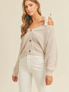 Mable Dusty Beige Off Shoulder Tie Strap Button Up Sweater-Women's Shirts & Tops-Shop Z & Joxa