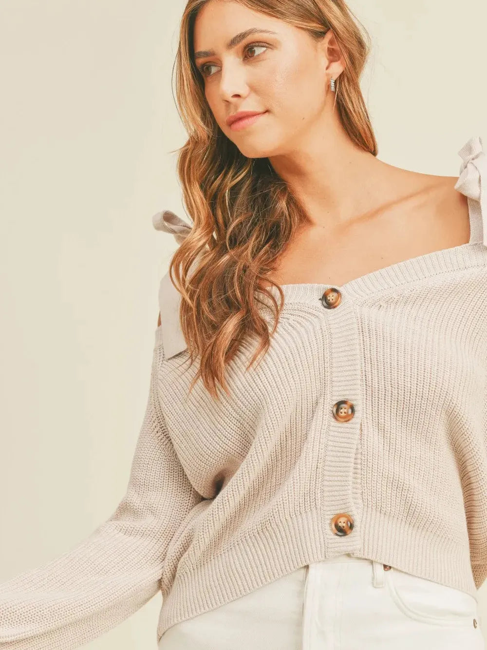 Mable Dusty Lavender Off Shoulder Tie Strap Button Up Sweater-Women's Shirts & Tops-Shop Z & Joxa