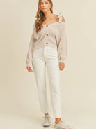 Mable Dusty Lavender Off Shoulder Tie Strap Button Up Sweater-Women's Shirts & Tops-Shop Z & Joxa