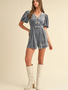 Mable Velvet Lux Puff Sleeve Romper with Jewel Bowes-Women's Dresses-Shop Z & Joxa