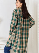 Mandy Forest Plaid Collared Neck Long Sleeve Long Shirt-Women's Shirts & Tops-Shop Z & Joxa