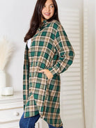 Mandy Forest Plaid Collared Neck Long Sleeve Long Shirt-Women's Shirts & Tops-Shop Z & Joxa