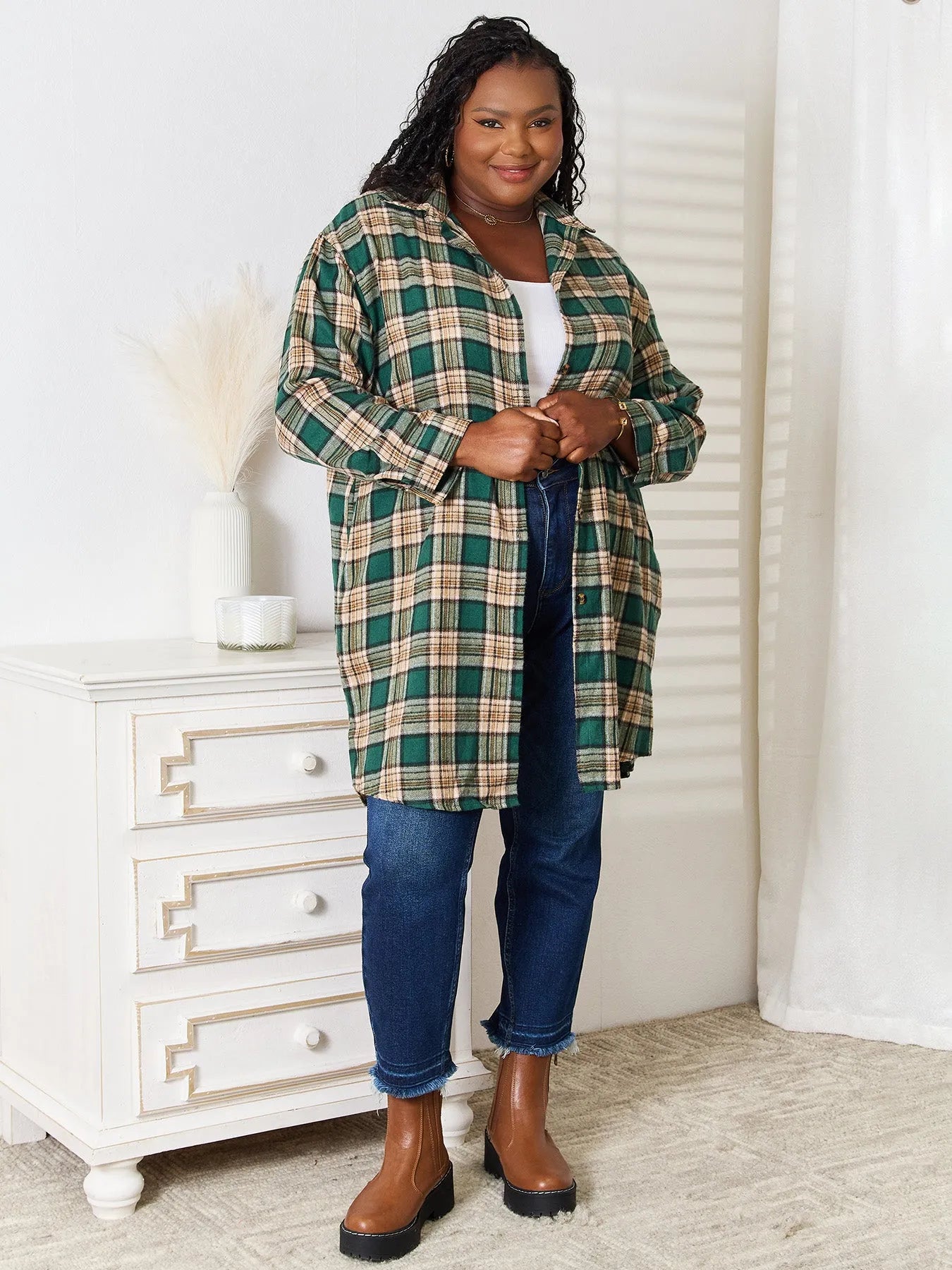 Mandy Forest Plaid Collared Neck Long Sleeve Long Shirt-Women's Shirts & Tops-Shop Z & Joxa