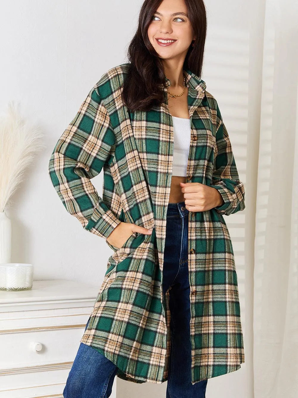 Mandy Forest Plaid Collared Neck Long Sleeve Long Shirt-Women's Shirts & Tops-Shop Z & Joxa