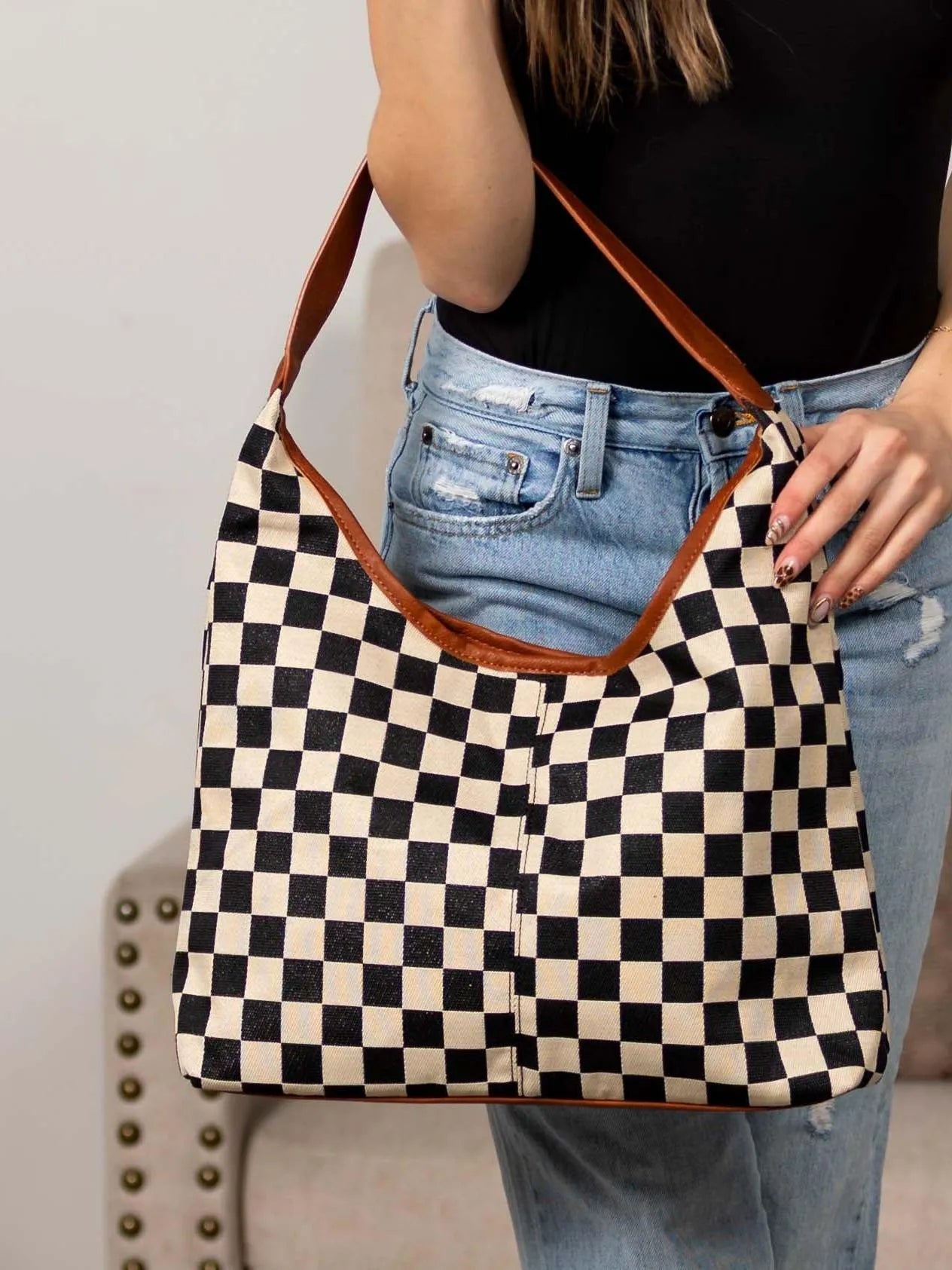 Metro Check Mixed Media Hobo Bag-Women's Accessories-Shop Z & Joxa