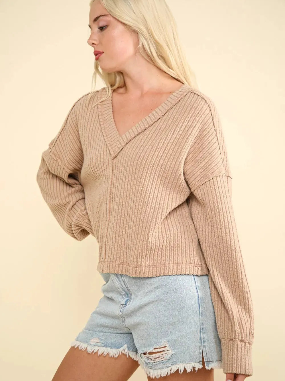 Mocha Moments V-Neck Ribbed Knit Top by Very J-Women's Shirts & Tops-Shop Z & Joxa