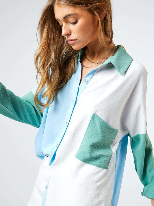 Modern Day Color Blocked Button Down Long Sleeve Top-Women's Clothing-Shop Z & Joxa