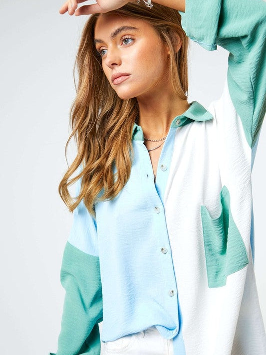 Modern Day Color Blocked Button Down Long Sleeve Top-Women's Clothing-Shop Z & Joxa